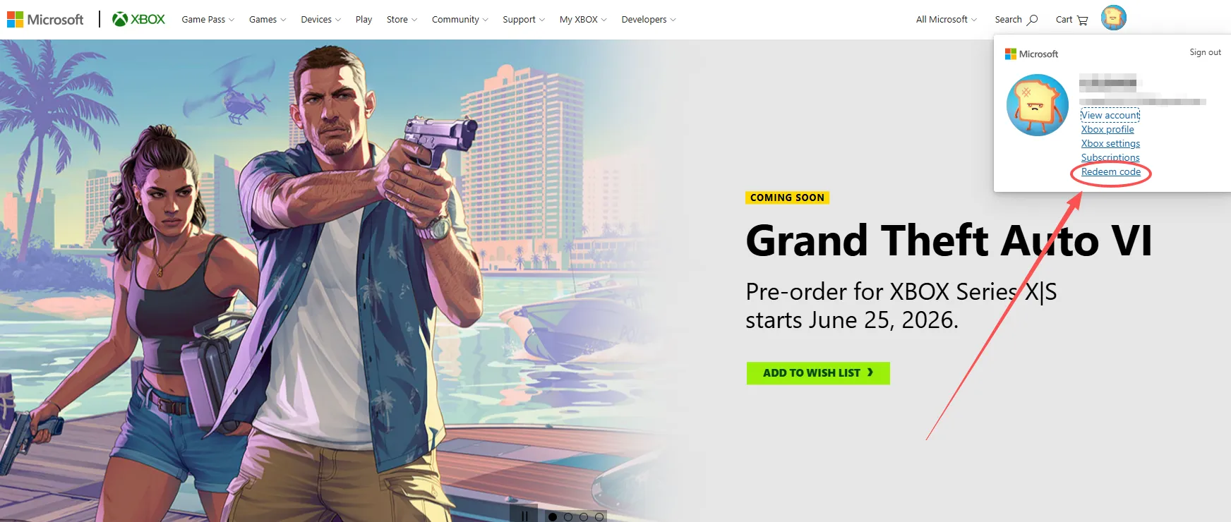 Sign in to your Xbox account and select redeem code