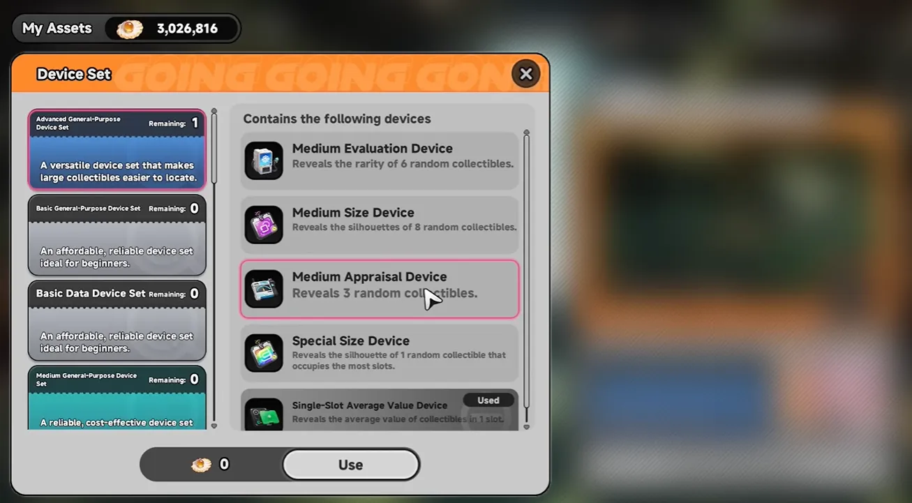 NTE Going, Going, Gone Device Set options for collectible appraisal