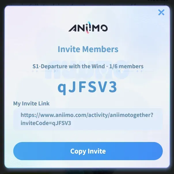 Aniimo Together squad invitation code screen