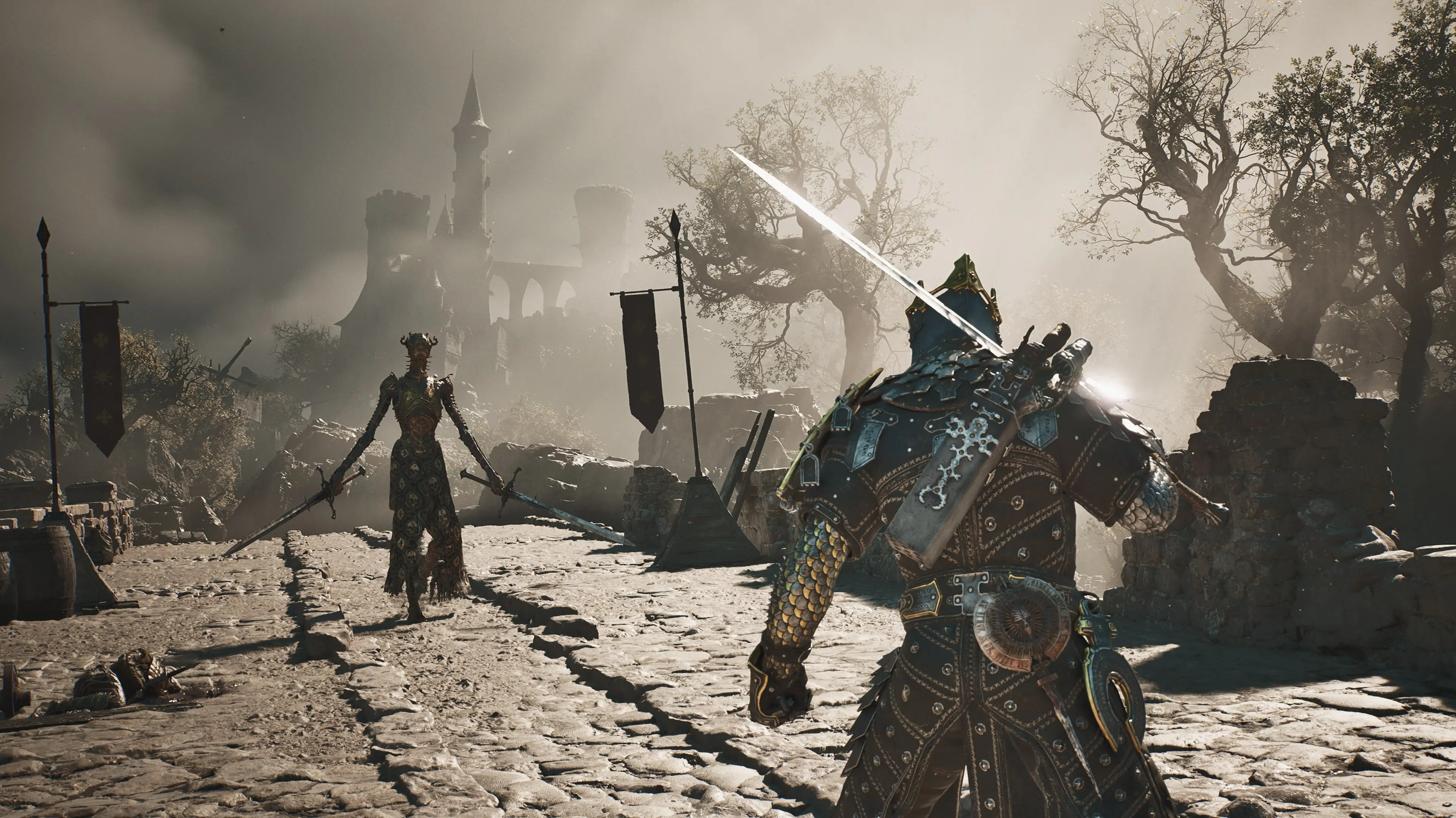 Mortal Shell II gameplay showing an armored Shell fighting an enemy in a ruined battlefield