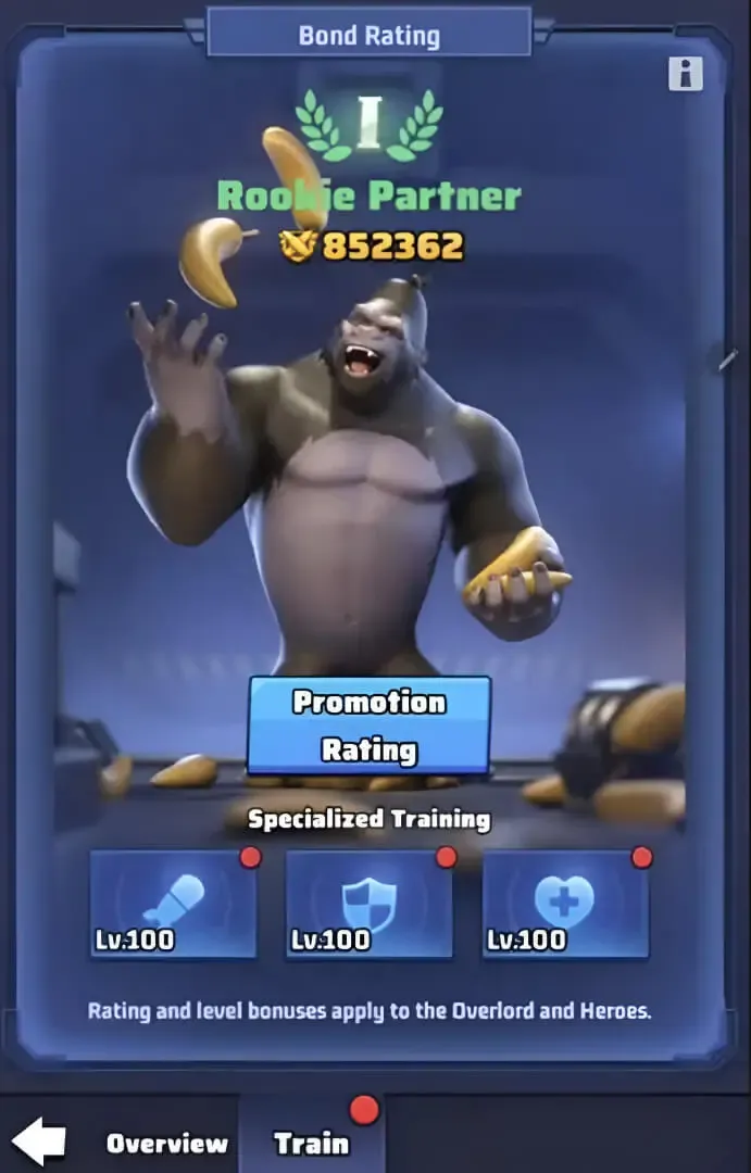 Overlord-Gorilla Bindungsrating-Bildschirm