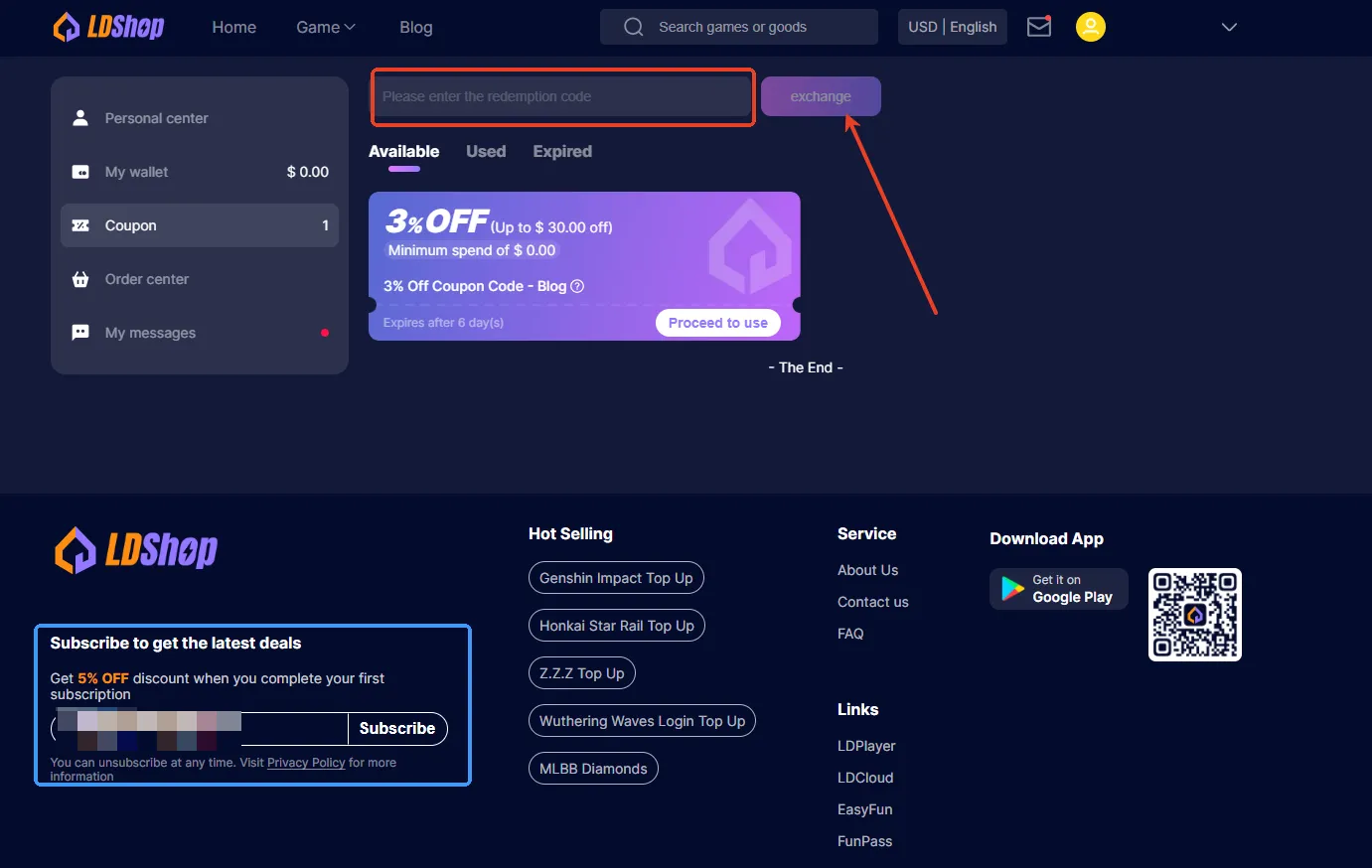 how to redeem ldshop coupon code