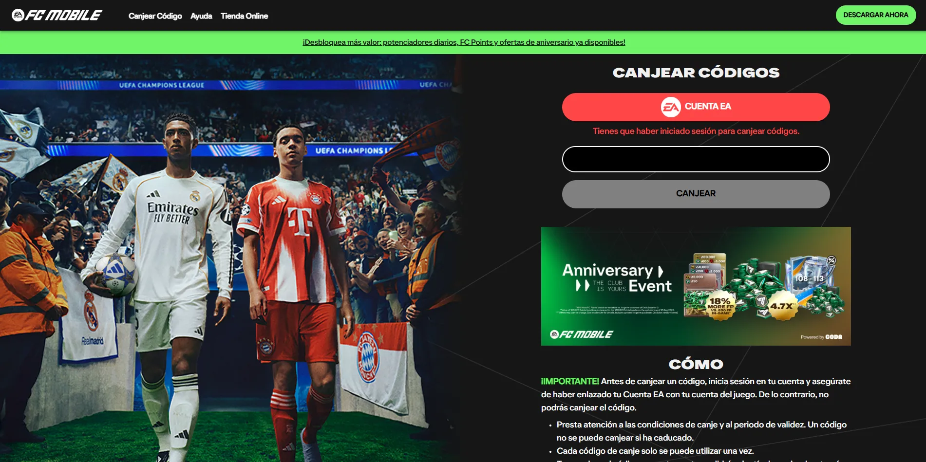el sitio oficial de canje de FC Mobile