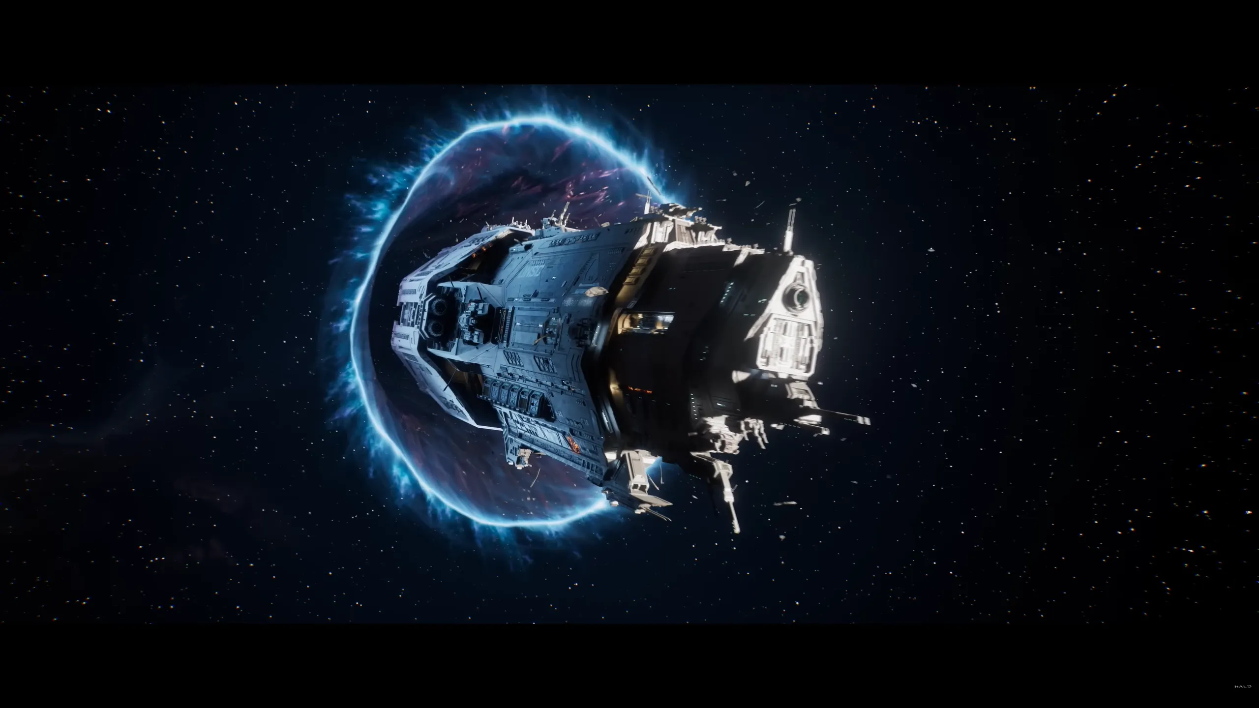 Halo Campaign Evolved opening cinematic featuring UNSC spacecraft approaching Halo Ring