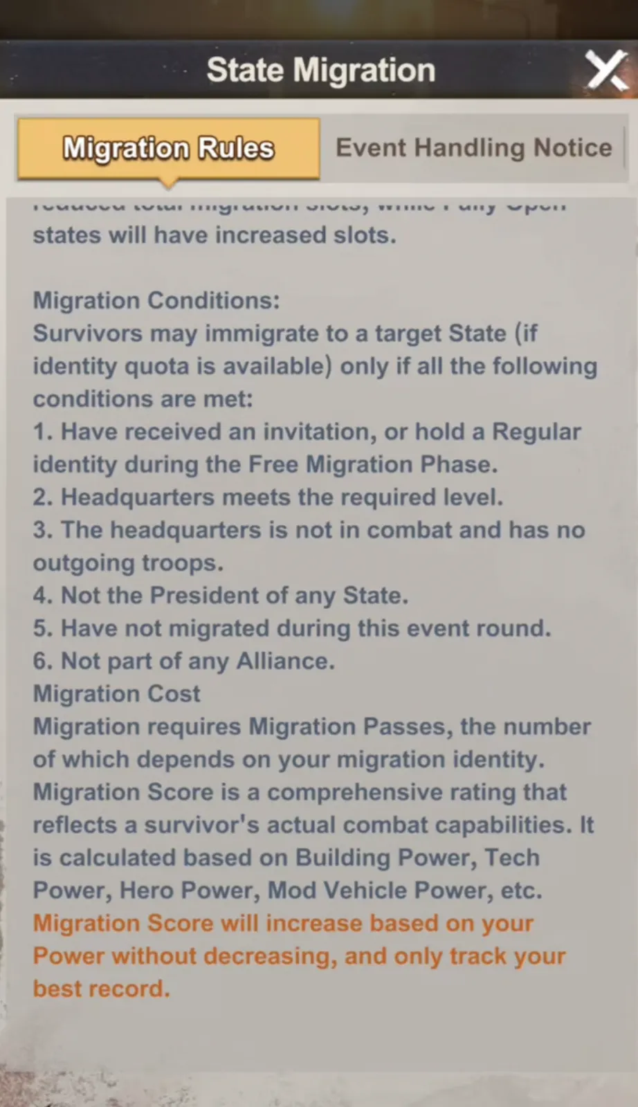 Migration Conditions & Score Rules | Last Z