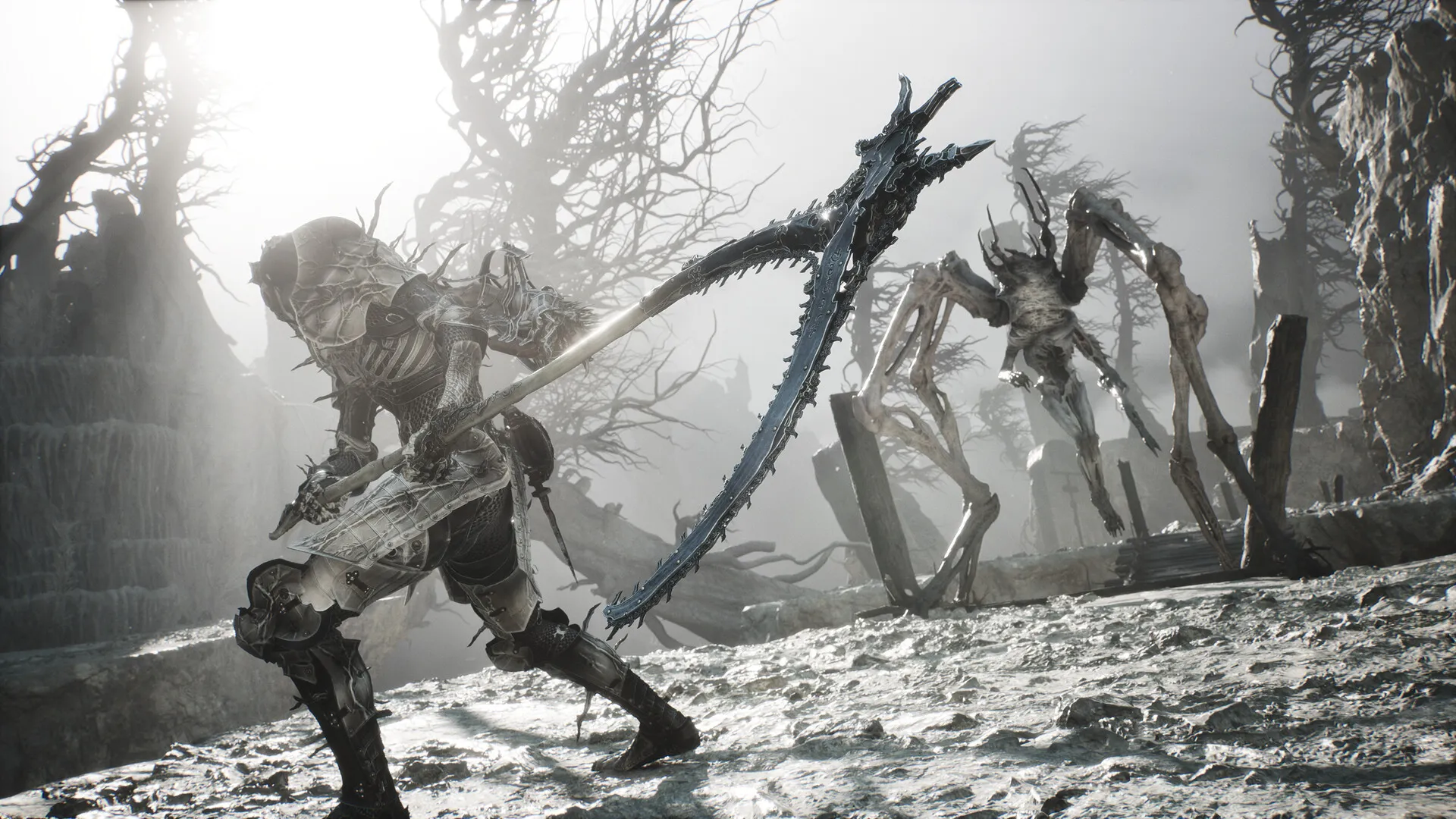Mortal Shell II gameplay featuring a Shell fighting grotesque spider-like enemies in a ruined landscape