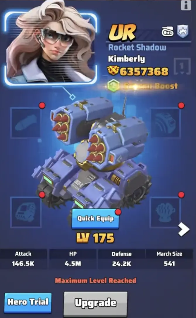 Kimberly Base Hero Stats & Upgrade Interface