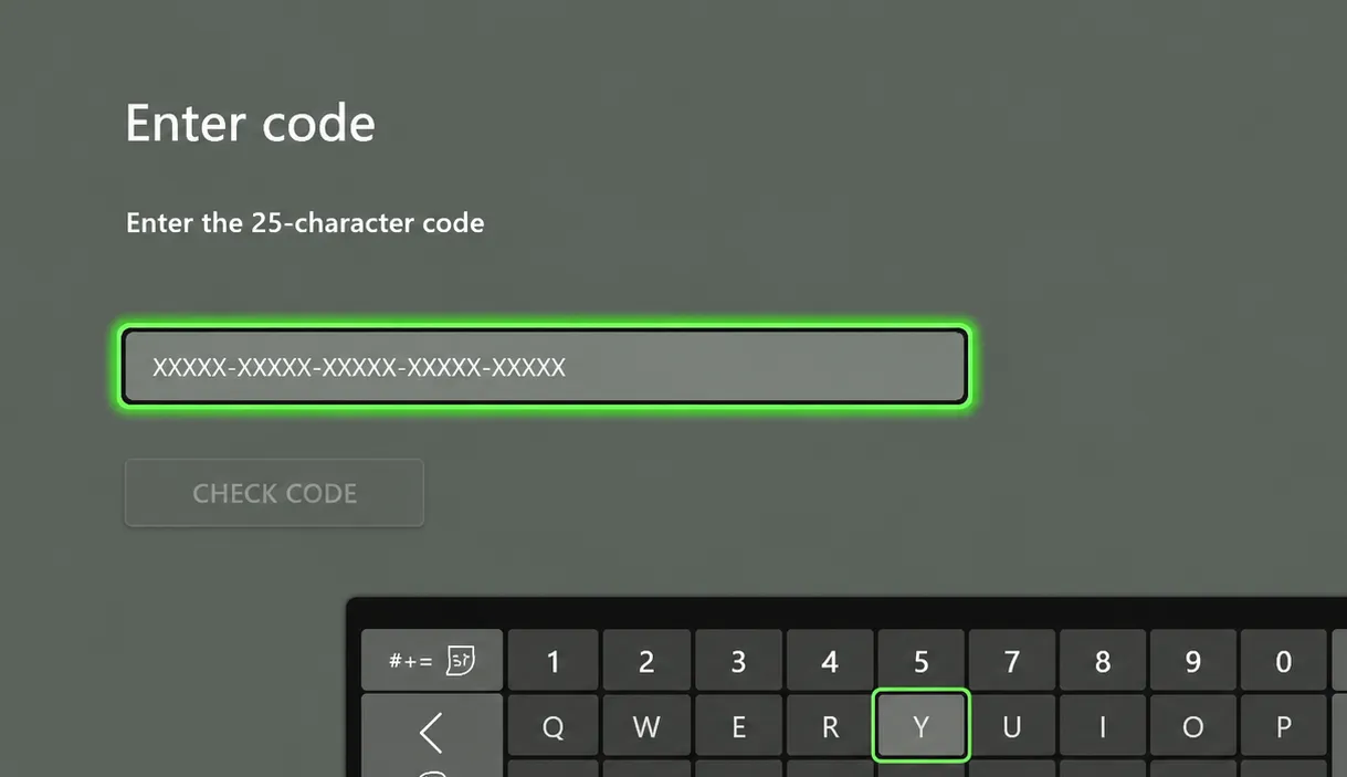 Enter your 25-character code, select Next, and follow the on-screen instructions.