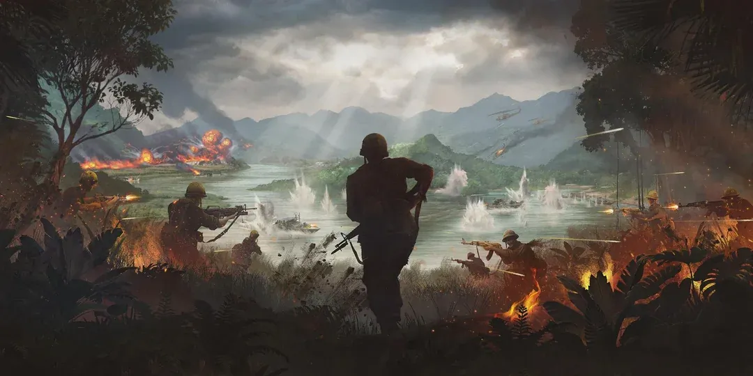Hell Let Loose: Vietnam key art featuring soldiers in a large-scale Vietnam War battlefield