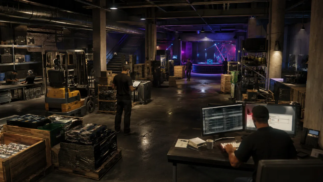 GTA Online Nightclub warehouse with technicians and cargo