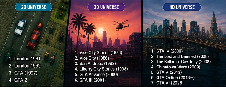 GTA games in chronological story order by universe