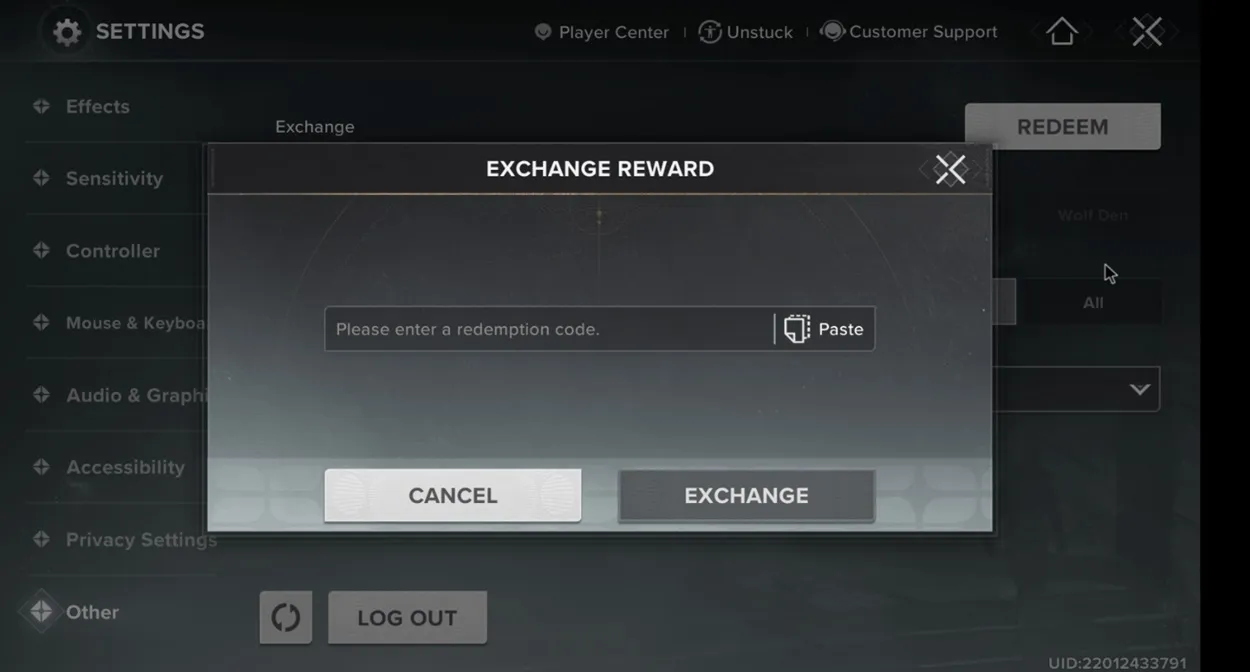 Destiny Rising Redeem code interface
