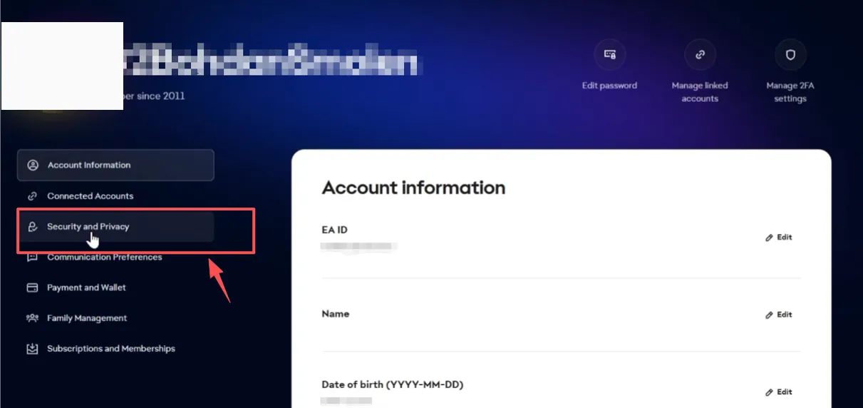 EA Hesap Güvenlik ve Gizlilik bölümünü aç