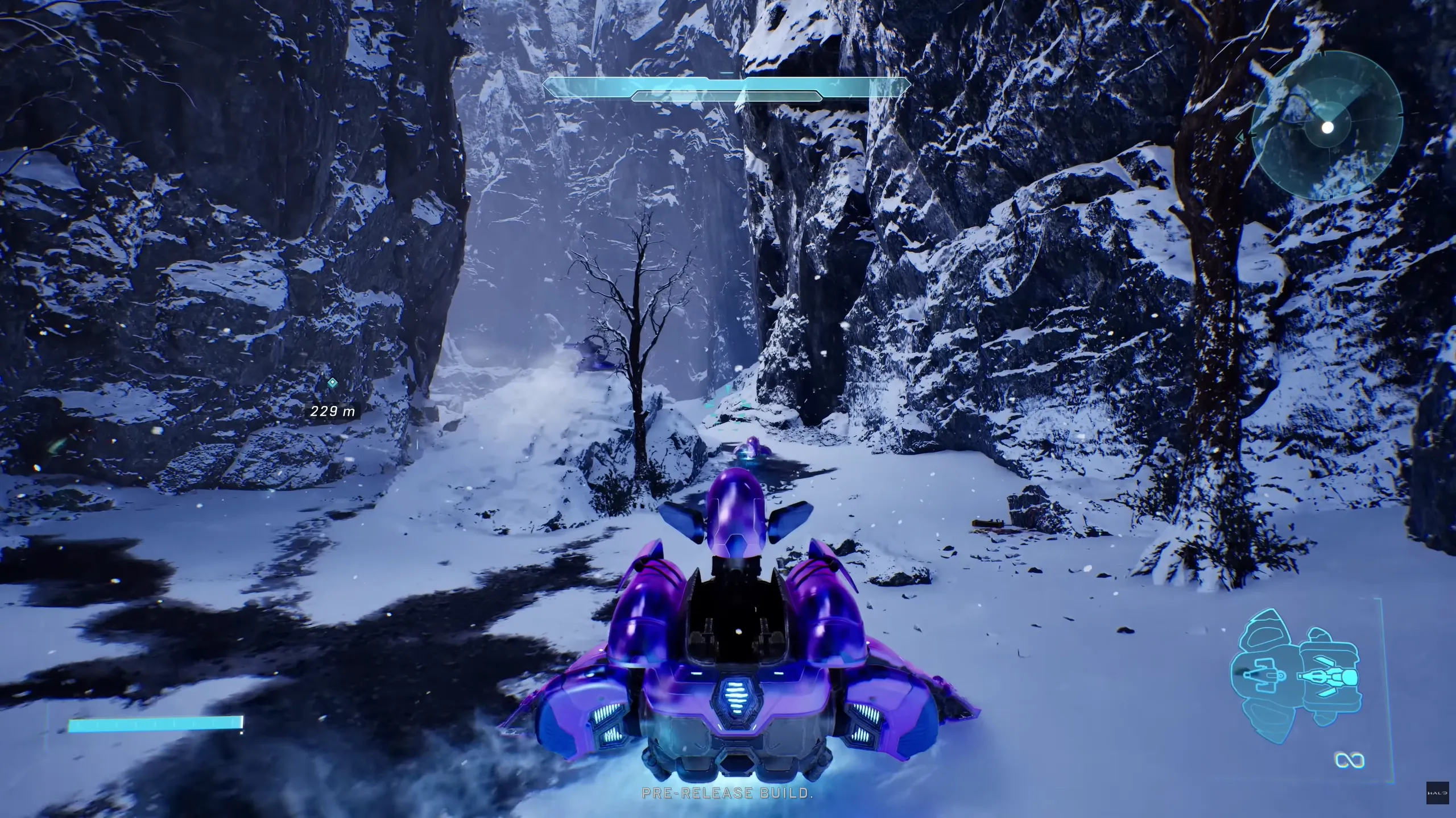 Driving a Ghost through a snowy canyon in Halo: Campaign Evolved campaign mode