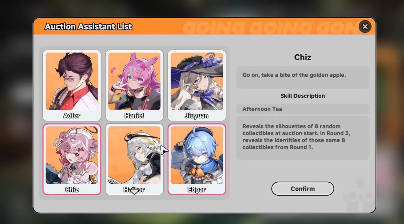 NTE Going, Going, Gone Auction Assistant selection screen