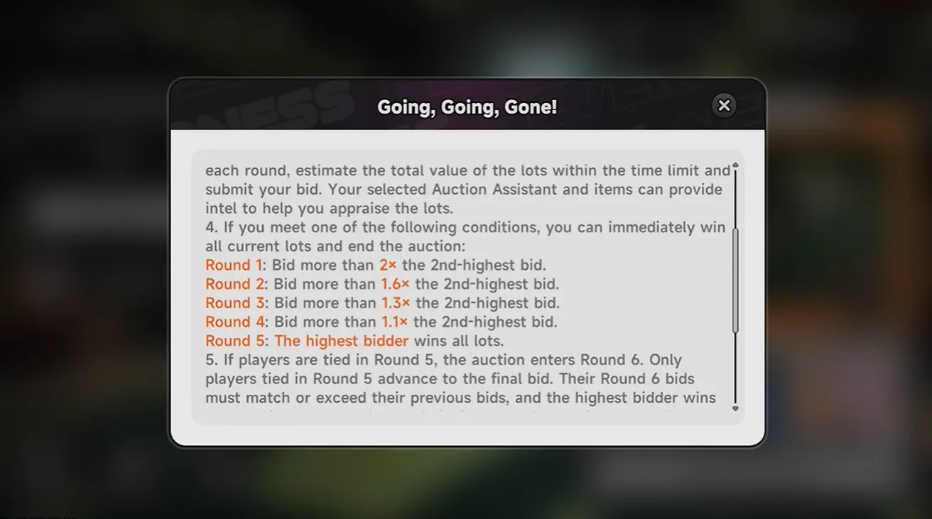 NTE Going, Going, Gone auction bidding rounds and current bids