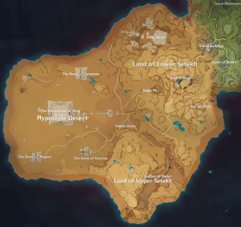 Genshin Impact Version 3.1 Sumeru desert map with Hypostyle Desert and Setekh areas