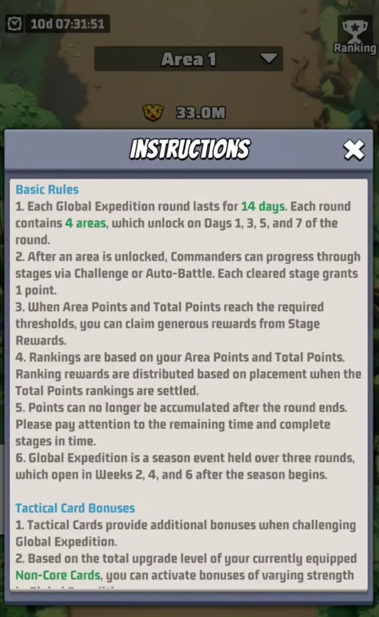 Global Expedition Basic Rules | Round Duration & Area Unlock Schedule