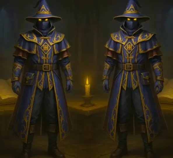 A wizard outfit, possibly with animated elements like floating runes or glowing robes.