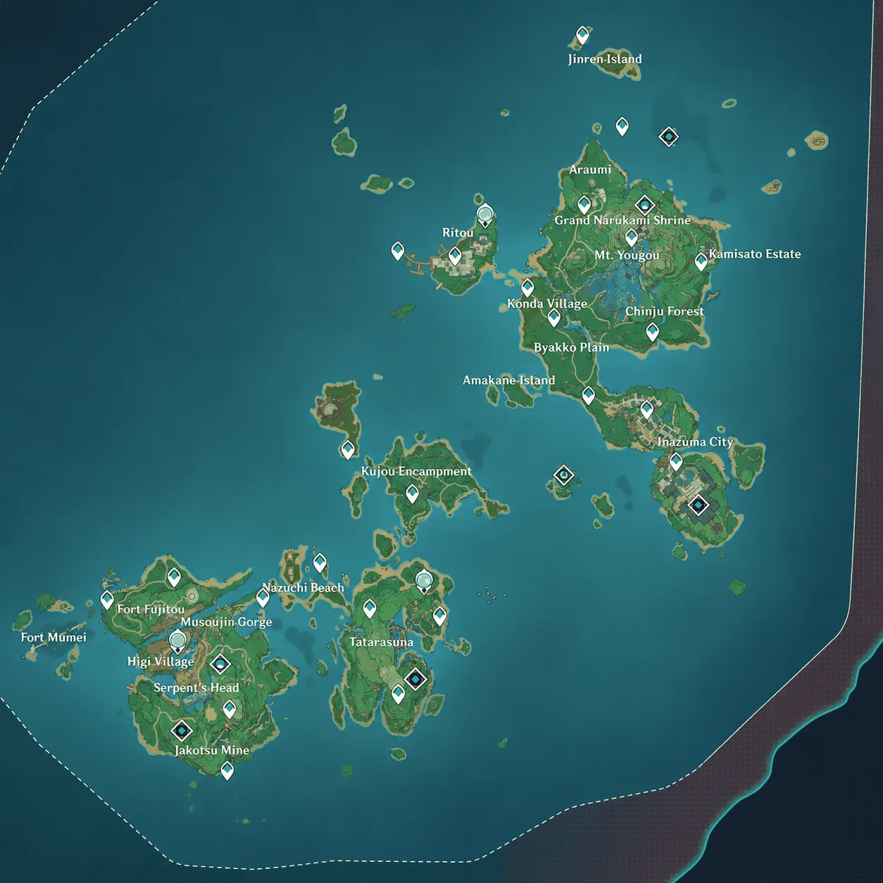 Genshin Impact Version 2.0 Inazuma map with Narukami Island Kannazuka and Yashiori Island