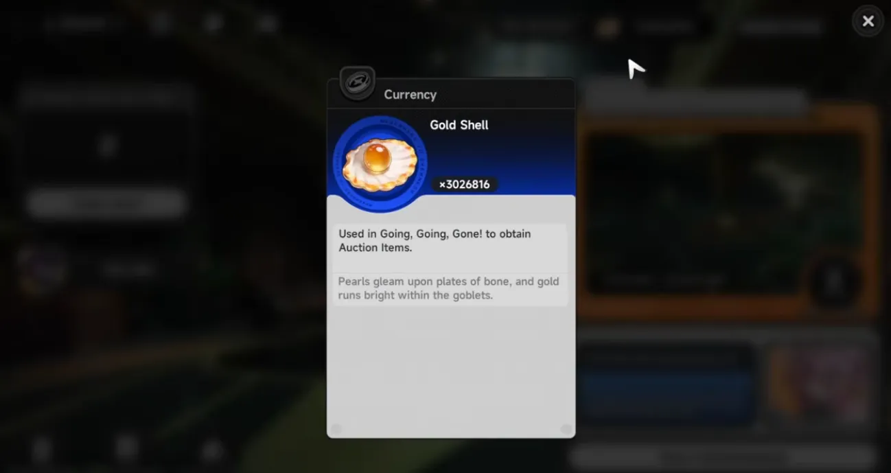 NTE Going, Going, Gone Gold Shell balance and auction interface