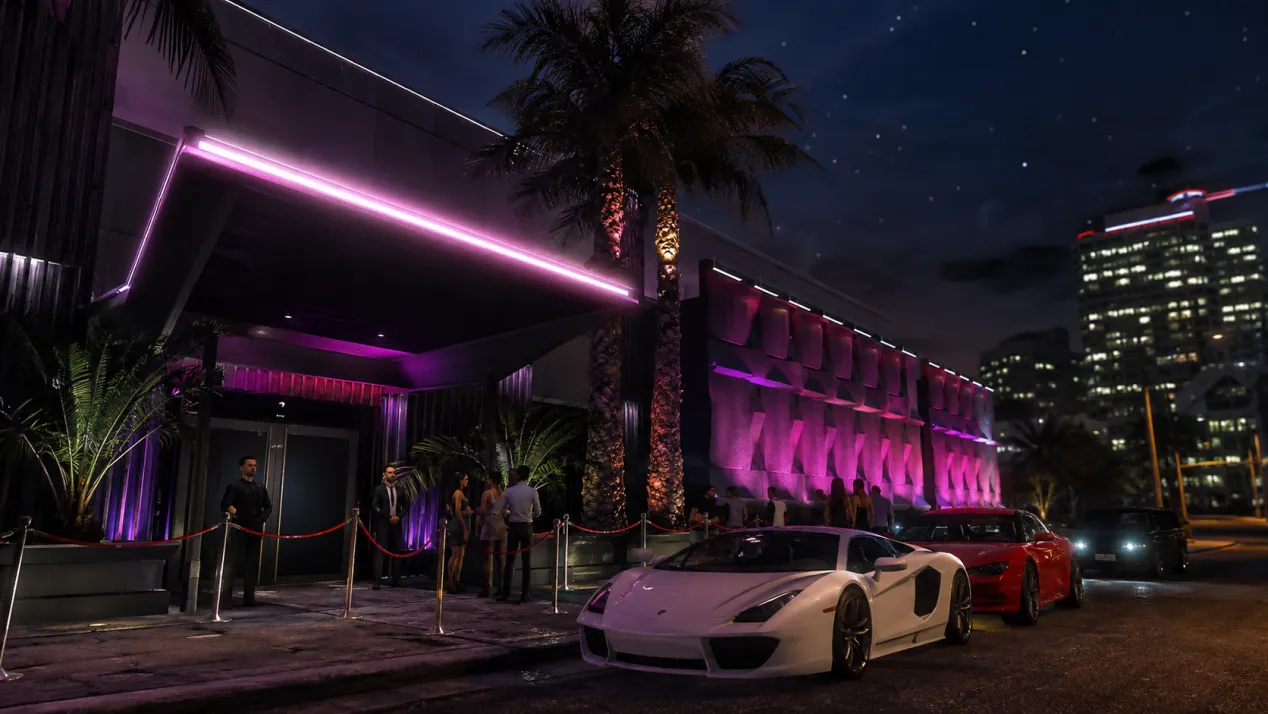 GTA Online Nightclub exterior at night in Los Santos