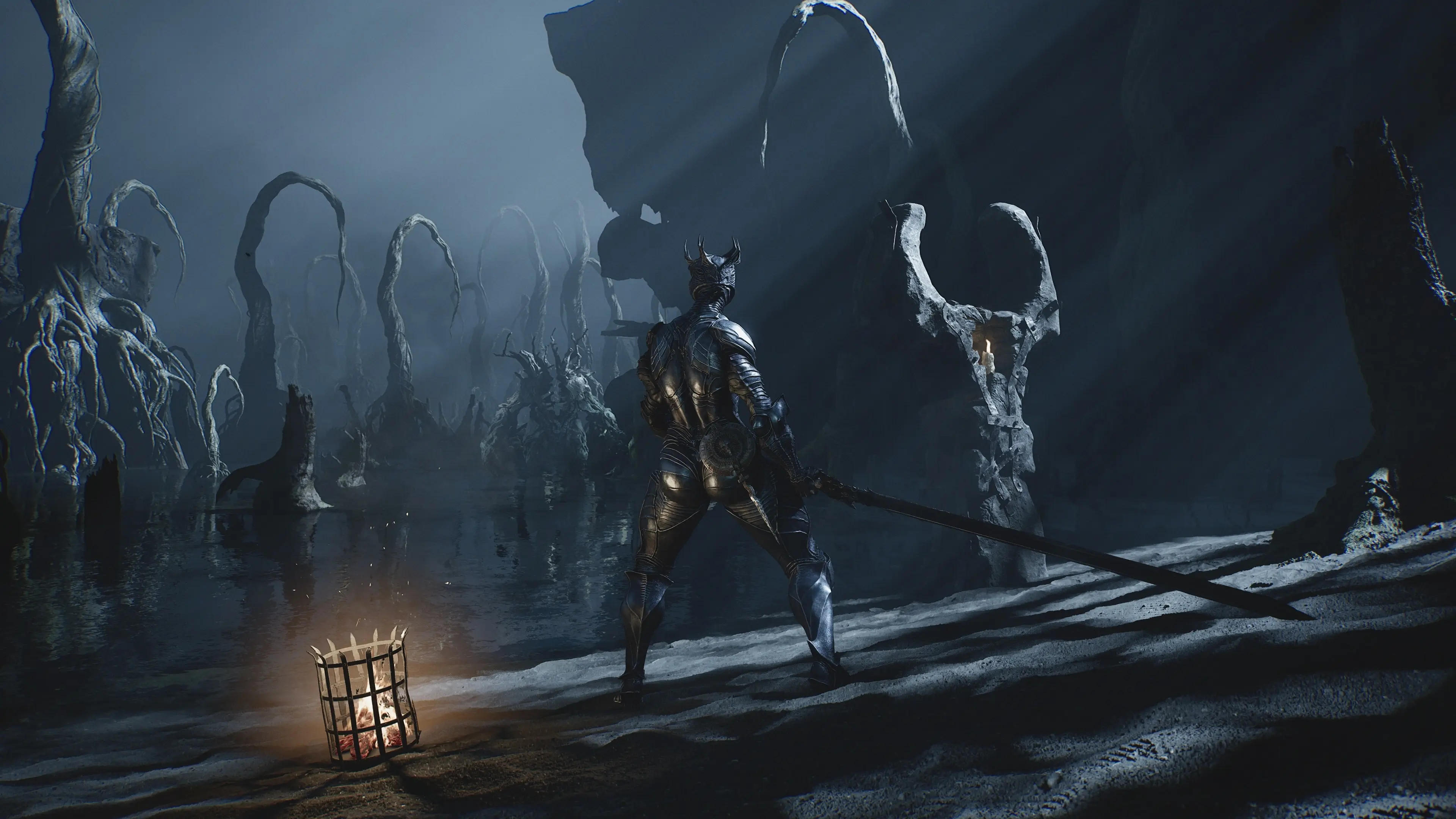 Mortal Shell II dark fantasy environment with an armored warrior standing in a shadowy swamp
