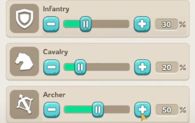 (50%) Archers (30%) Infantry  (20%) Cavalry