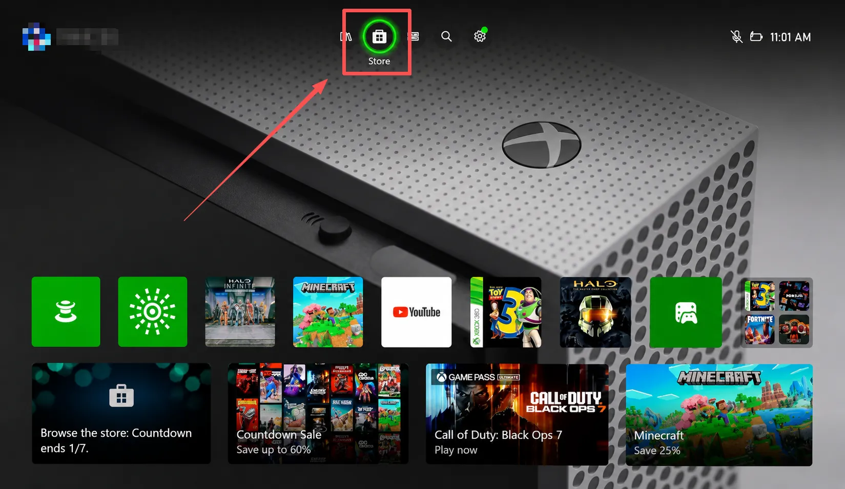 Press the Xbox button to open the guide, then select Store.