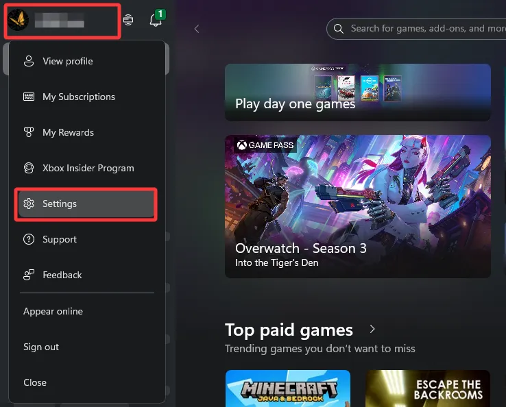 Select your gamer profile in the upper-left corner, then select Settings.