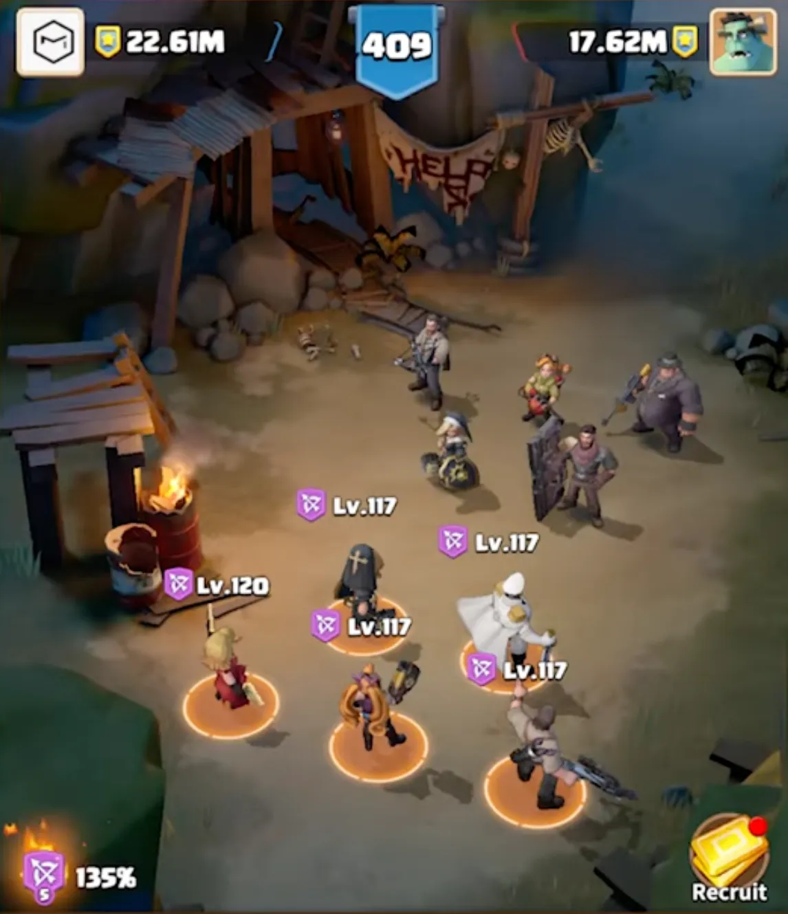 In-game 3D grid layout of the 5-hero best formation setup in dark war survival