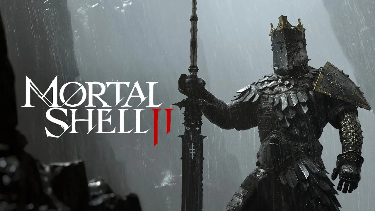 Mortal Shell II key art featuring an armored Shell wielding a massive sword in the rain