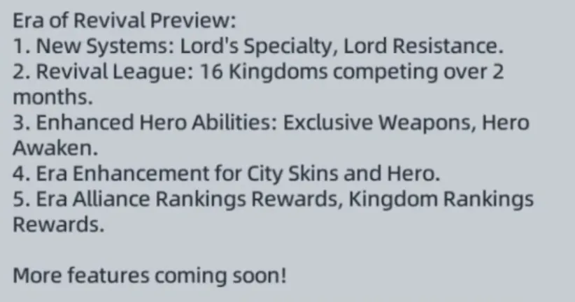 Era of Revival Feature Preview List | Last Asylum