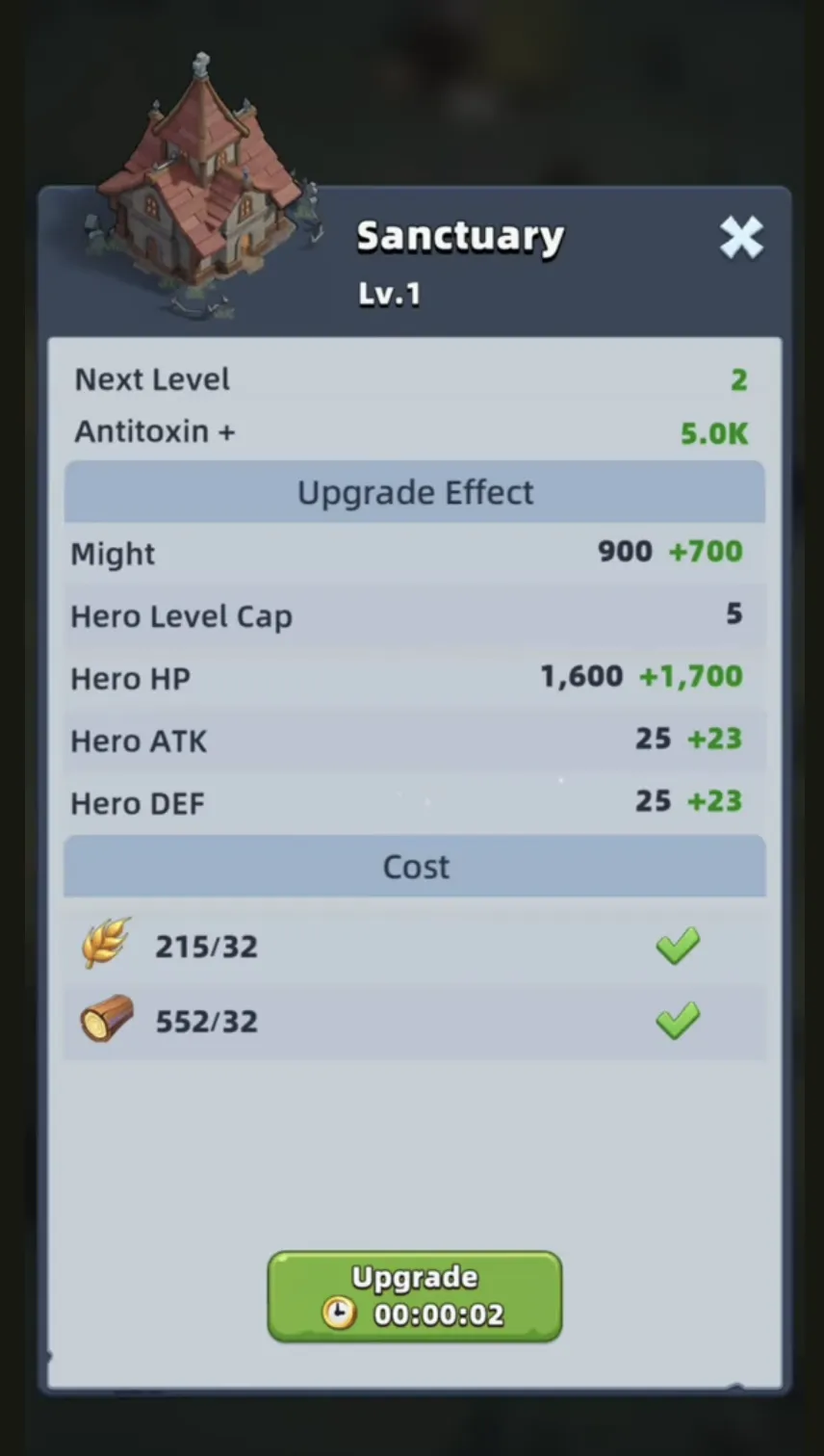 Sanctuary Headquarters Upgrade Screen