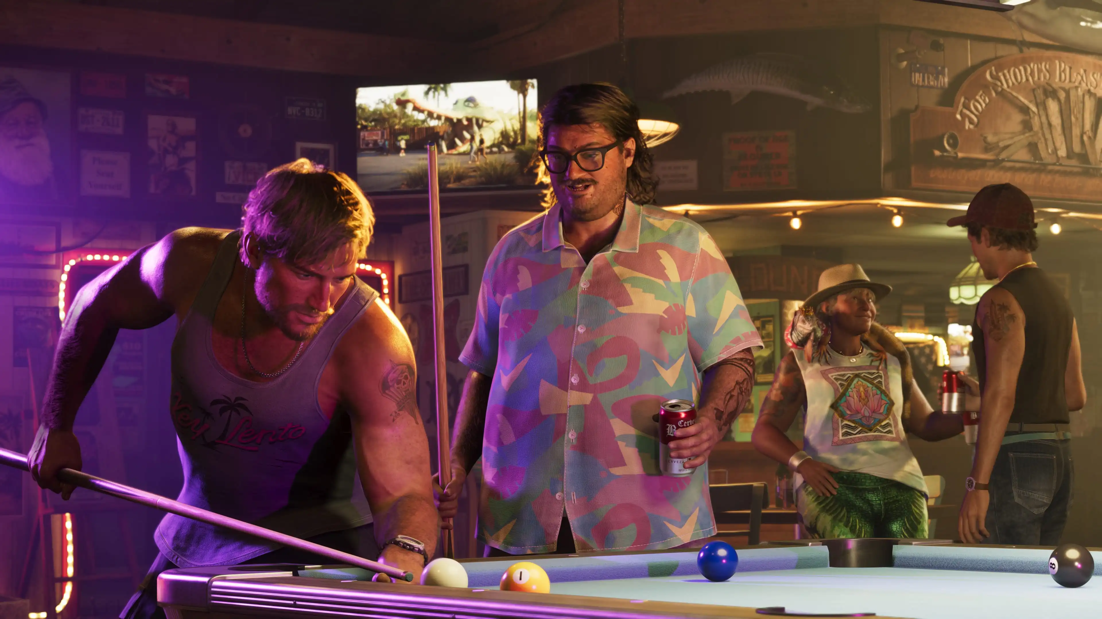 GTA 6 characters playing pool inside a colorful bar scene