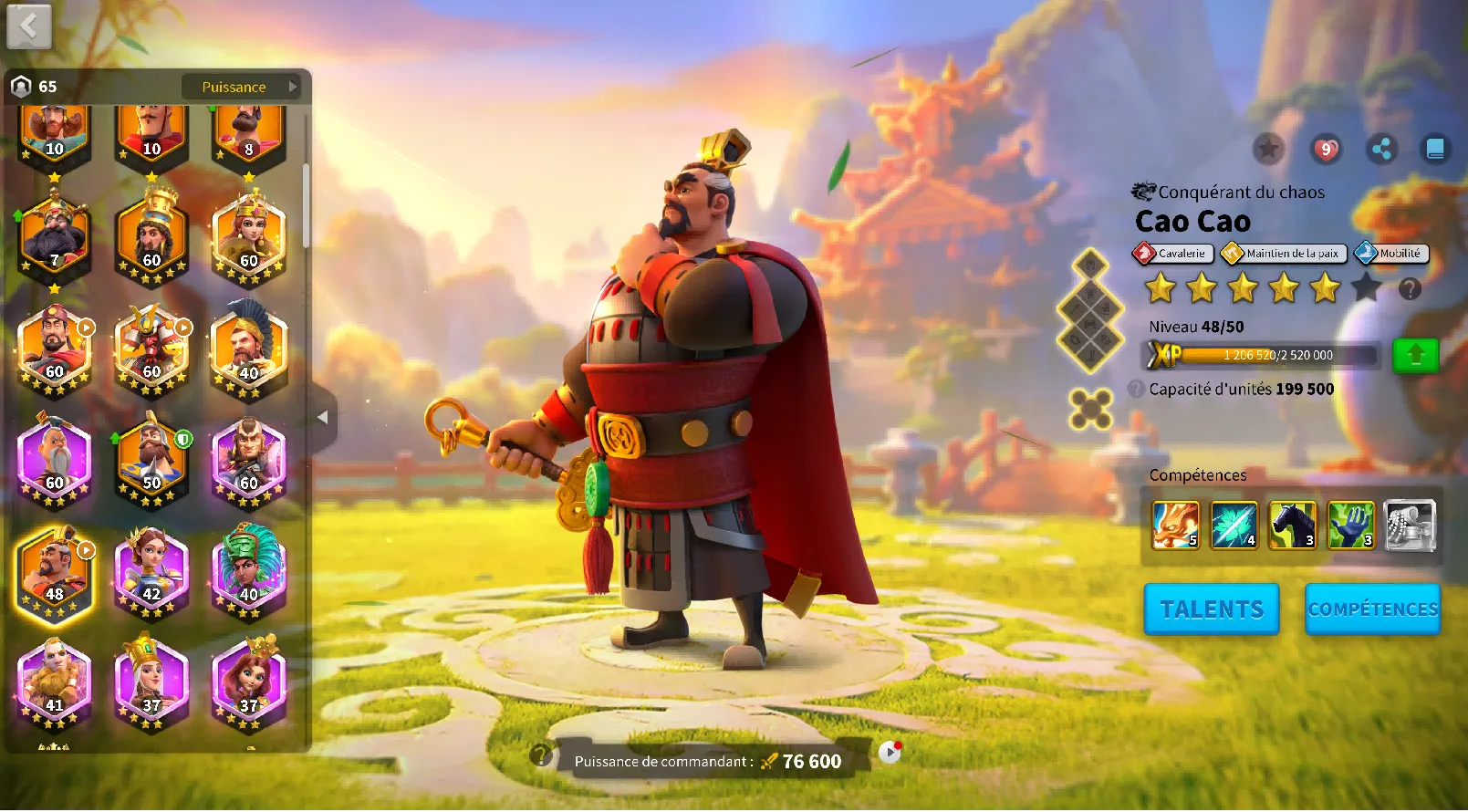 Rise of Kingdoms Cao Cao commander profile showing Cavalry Peacekeeping and Mobility specialties