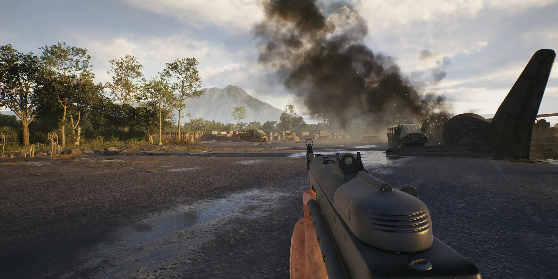 First-person combat near an airfield in Hell Let Loose: Vietnam
