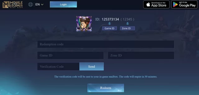 Mobile Legends code exchange page