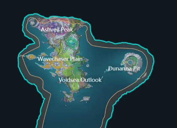 Genshin Impact Luna IV Nod-Krai map with Voidsea Outlook Wavechaser Plain and Ashveil Peak