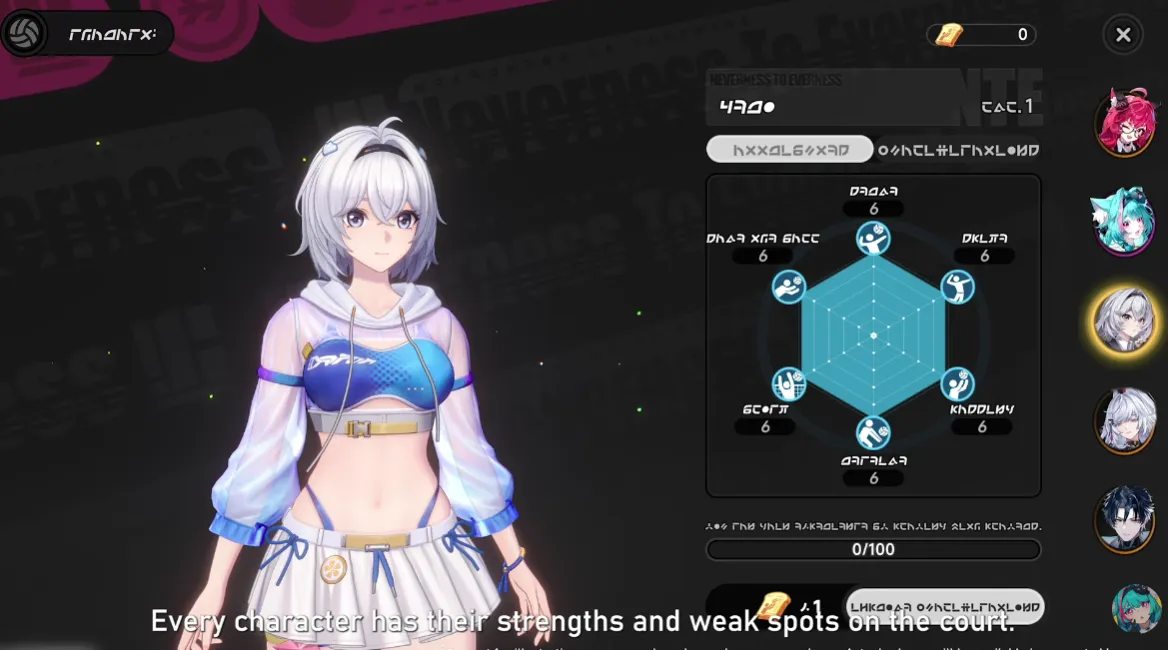 NTE Beach Volleyball character stats including Serve, Spike, Set, Receive, Block, and Dig