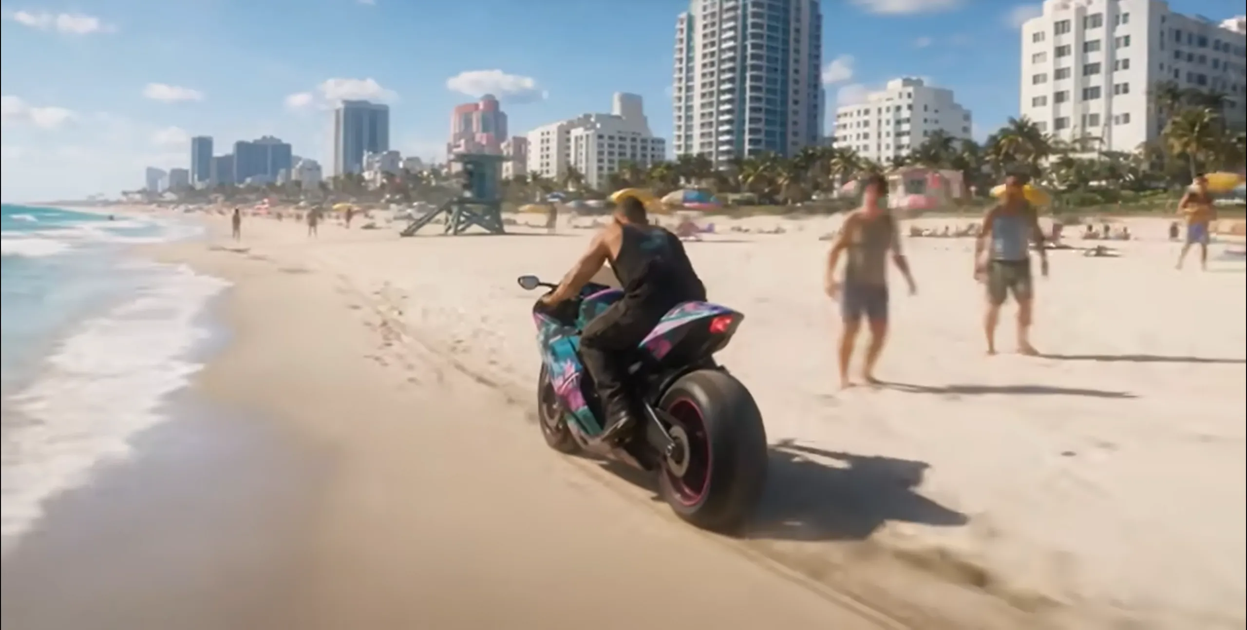 GTA 6 leaked gameplay showing motorcycle riding on Vice City beach