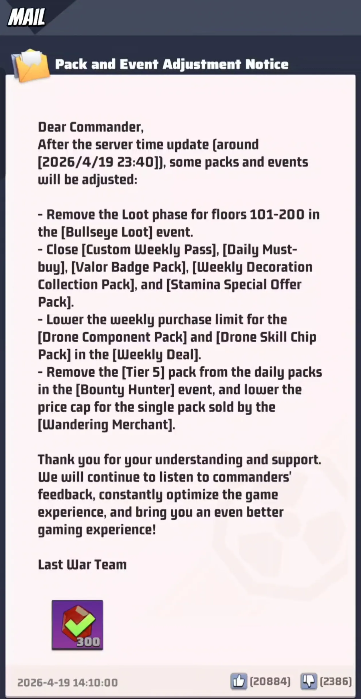 Last War: Survival update mail