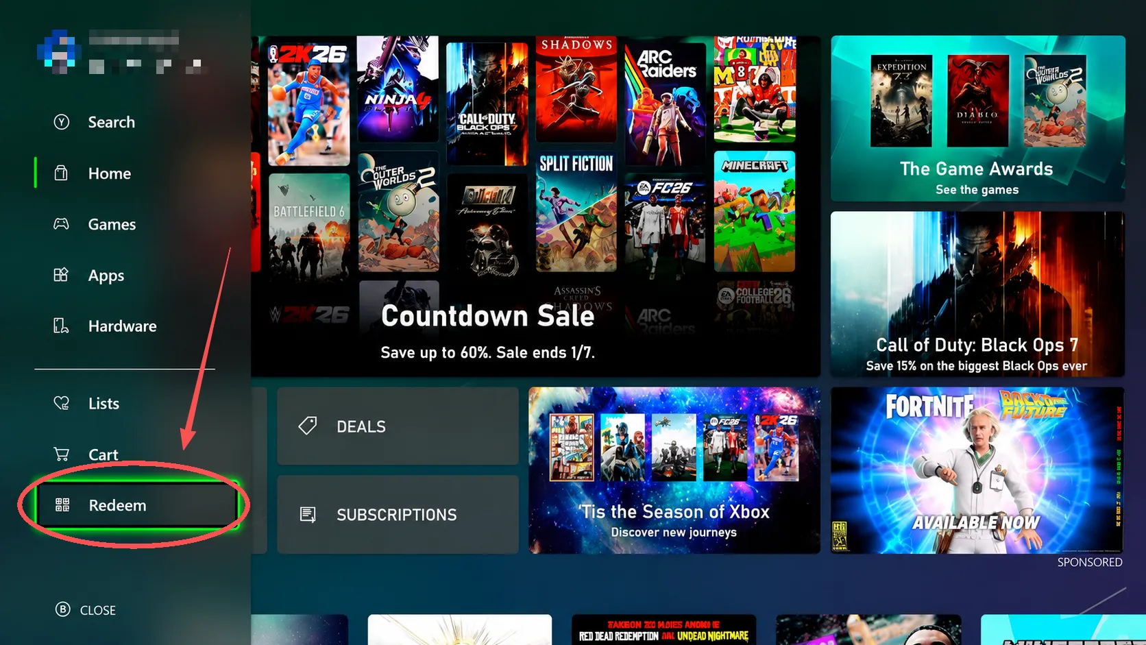 Press the View button to open the side menu, then select Redeem.