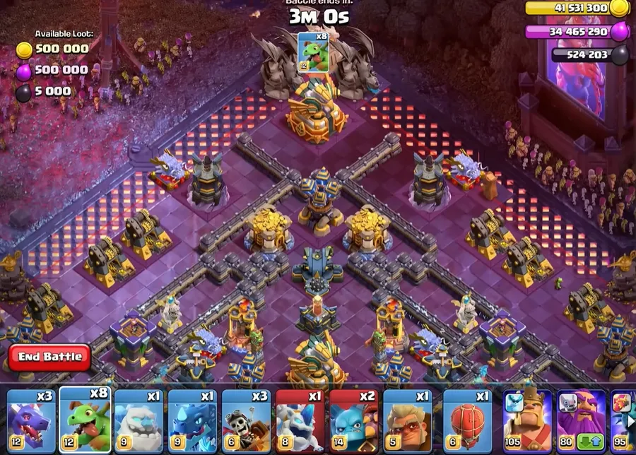 Drop 1 Baby Dragon at the top of the base (near Eagle Artillery)