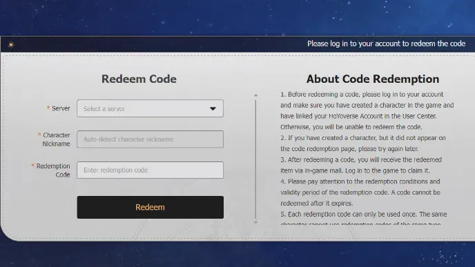 Redeem Honkai Star Rail Code in Official Website