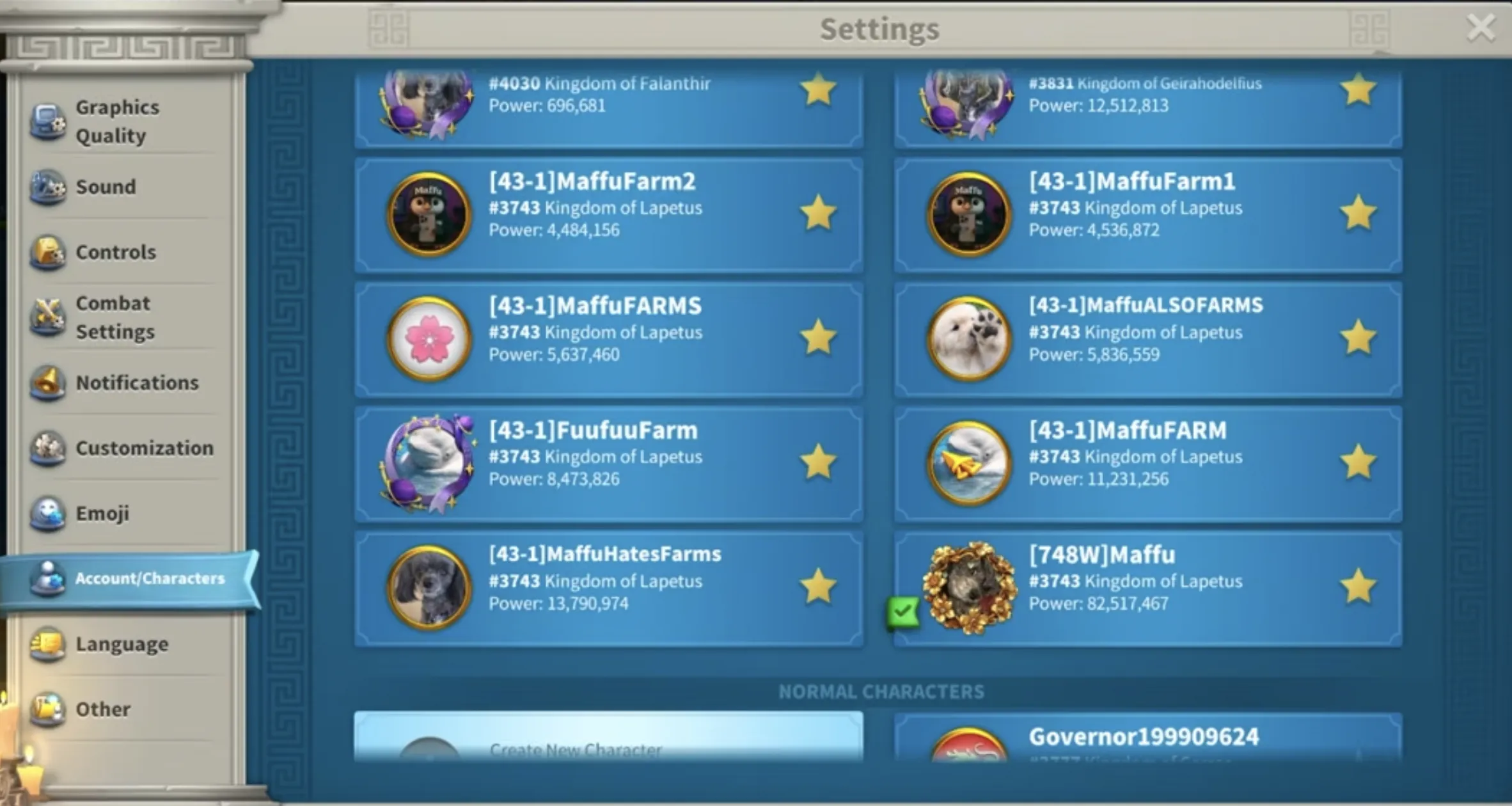 Farm Account List|Rise of Kingdoms