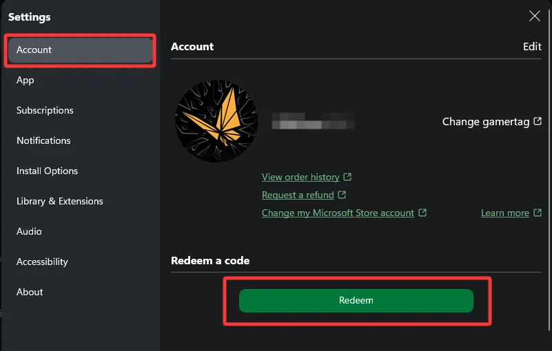 In Settings, find your Account and select Redeem under Redeem a code.