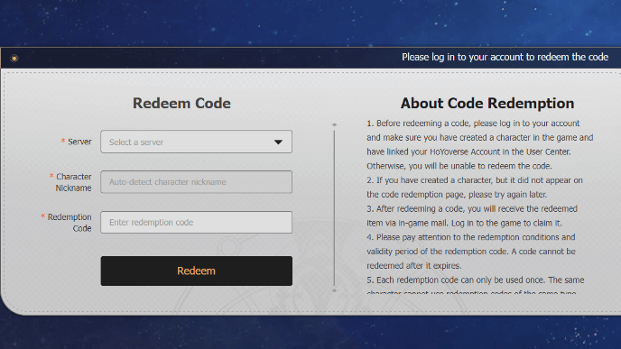 Redeem Honkai Star Rail Code in Official Website